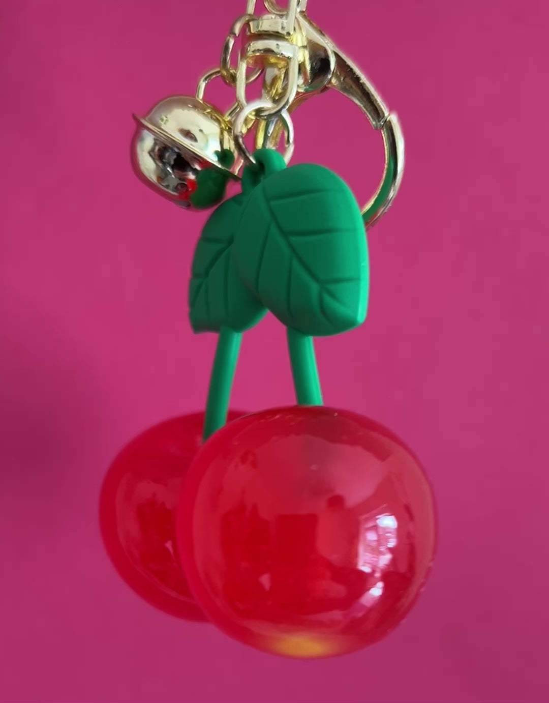 Red and green Cherry Keyring - Bag Charm. Gold plated metal chain and clasp. 